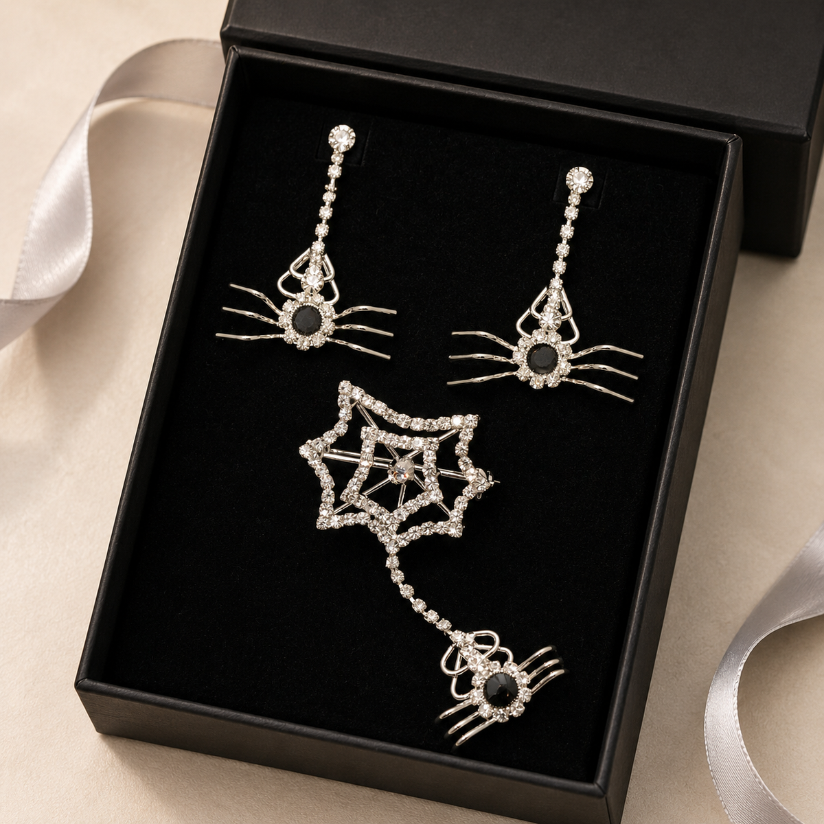 Rhinestone Spider Web Brooch Pin With Matching Earring, Crystal Halloween Jewelry Set