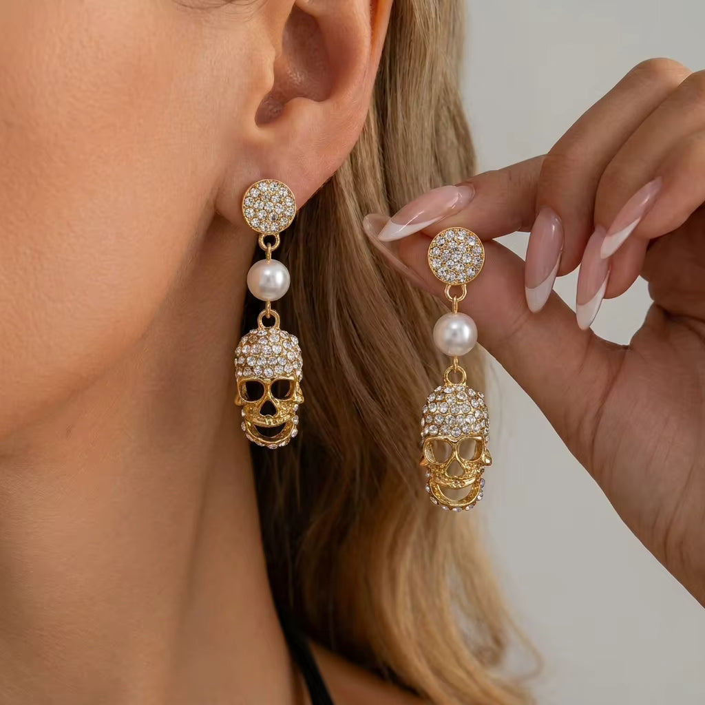 Just Love Jewels Gold-Tone Crystal Skull Drop Earrings with Faux Pearl, Halloween Statement Jewelry for Women