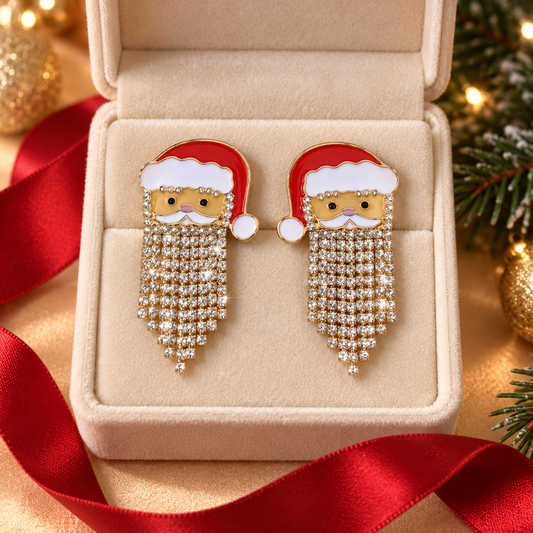 Christmas Santa Claus Rhinestone Tassel Drop Earrings for Women – Gold-Tone Holiday Jewelry