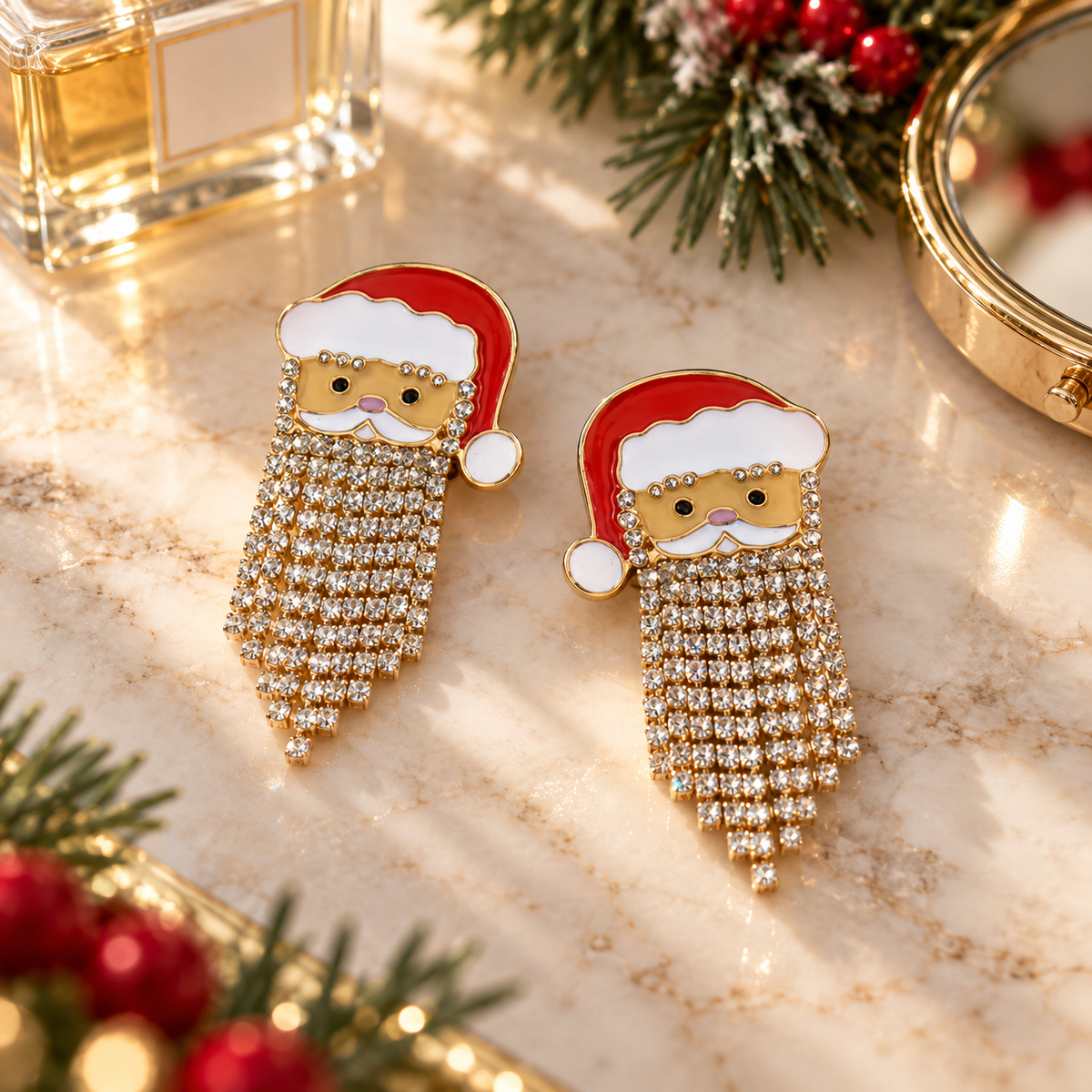 Christmas Santa Claus Rhinestone Tassel Drop Earrings for Women – Gold-Tone Holiday Jewelry