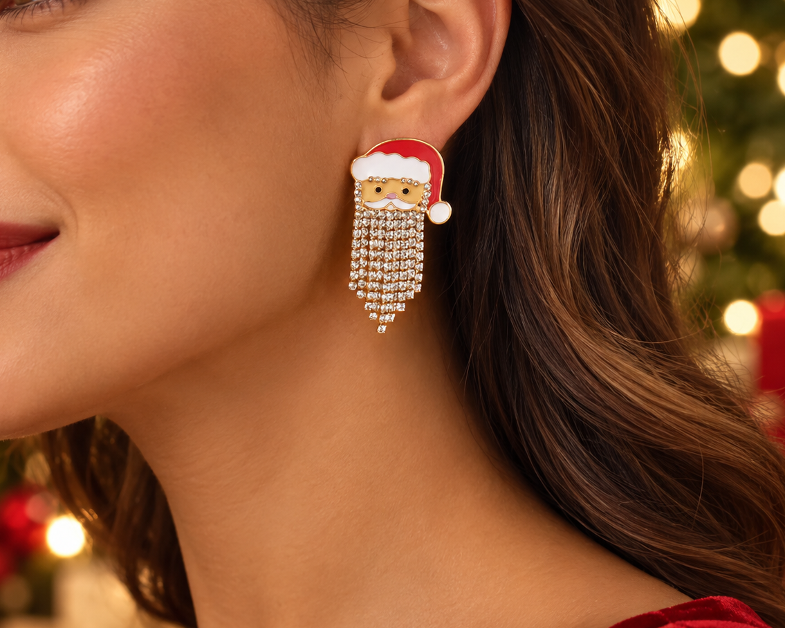 Christmas Santa Claus Rhinestone Tassel Drop Earrings for Women – Gold-Tone Holiday Jewelry