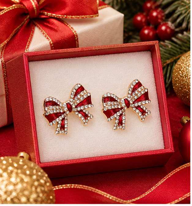 Red Rhinestone Crystal Bow Earrings for Women – Christmas Holiday Jewelry