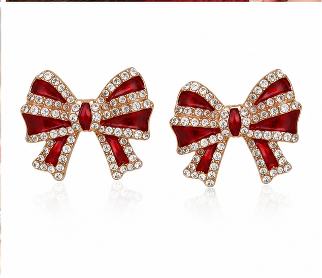 Red Rhinestone Crystal Bow Earrings for Women – Christmas Holiday Jewelry