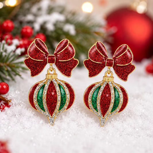Christmas Ornament Drop Earrings for Women – Red Green Rhinestone Bow Holiday Jewelry
