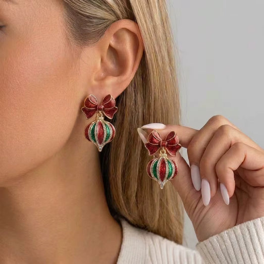 Christmas Ornament Drop Earrings for Women – Red Green Rhinestone Bow Holiday Jewelry