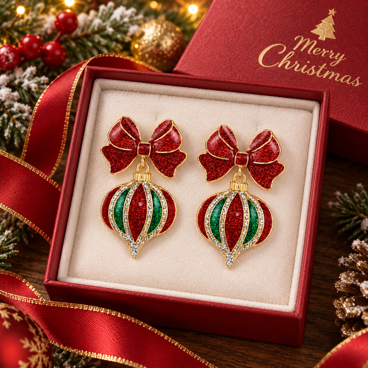 Christmas Ornament Drop Earrings for Women – Red Green Rhinestone Bow Holiday Jewelry