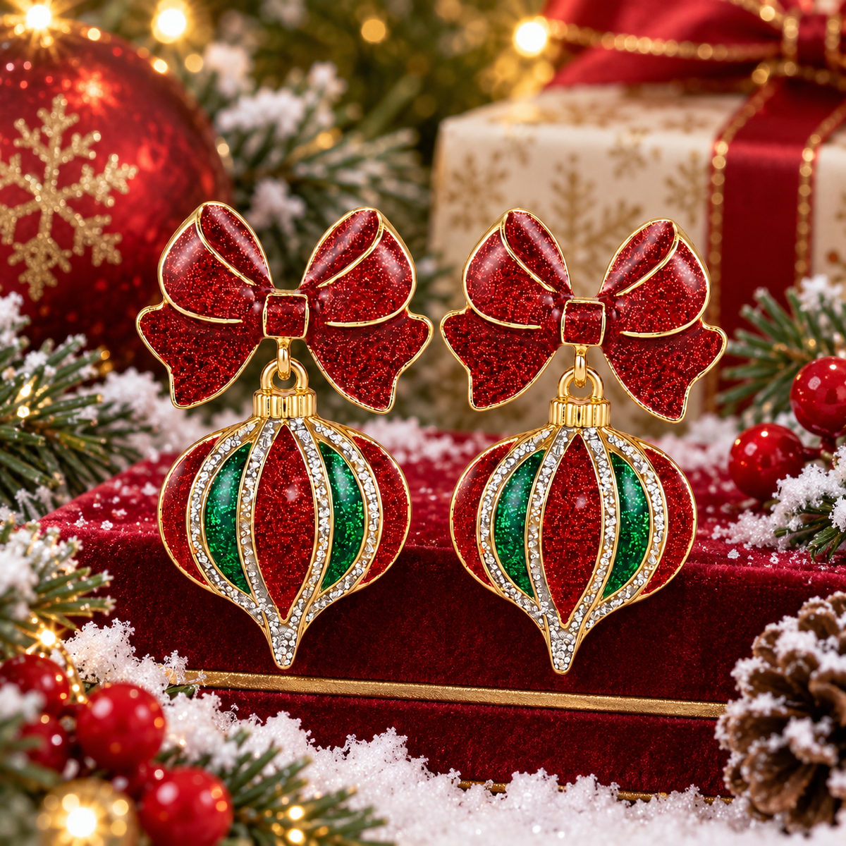 Christmas Ornament Drop Earrings for Women – Red Green Rhinestone Bow Holiday Jewelry