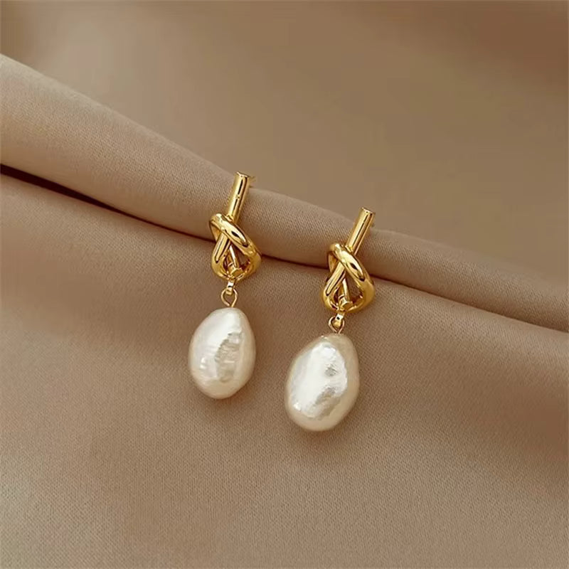 Irregular Pearl-Look Drop Earrings for Women – Gold-Tone Knot Dangle Jewelry