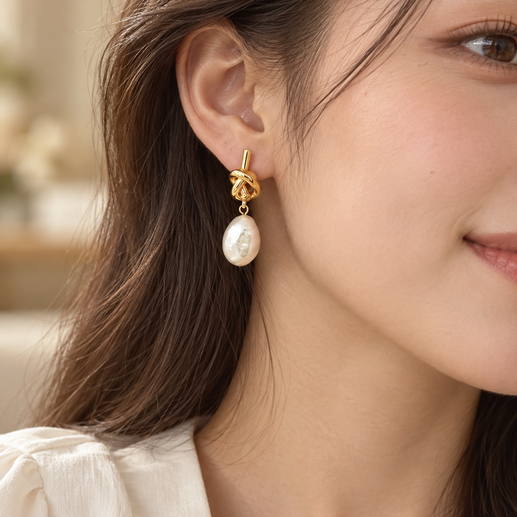 Irregular Pearl-Look Drop Earrings for Women – Gold-Tone Knot Dangle Jewelry