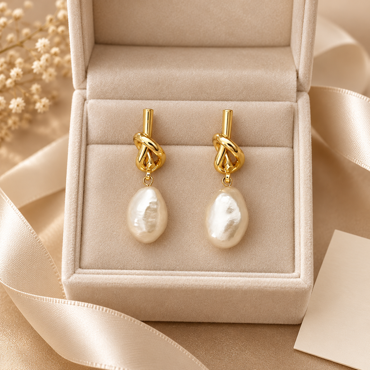Irregular Pearl-Look Drop Earrings for Women – Gold-Tone Knot Dangle Jewelry