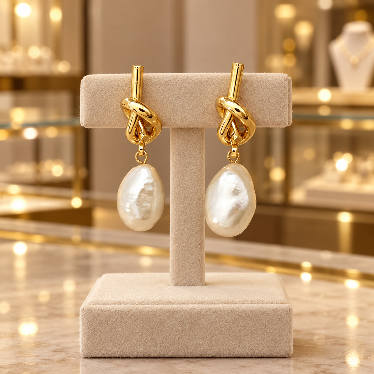 Irregular Pearl-Look Drop Earrings for Women – Gold-Tone Knot Dangle Jewelry