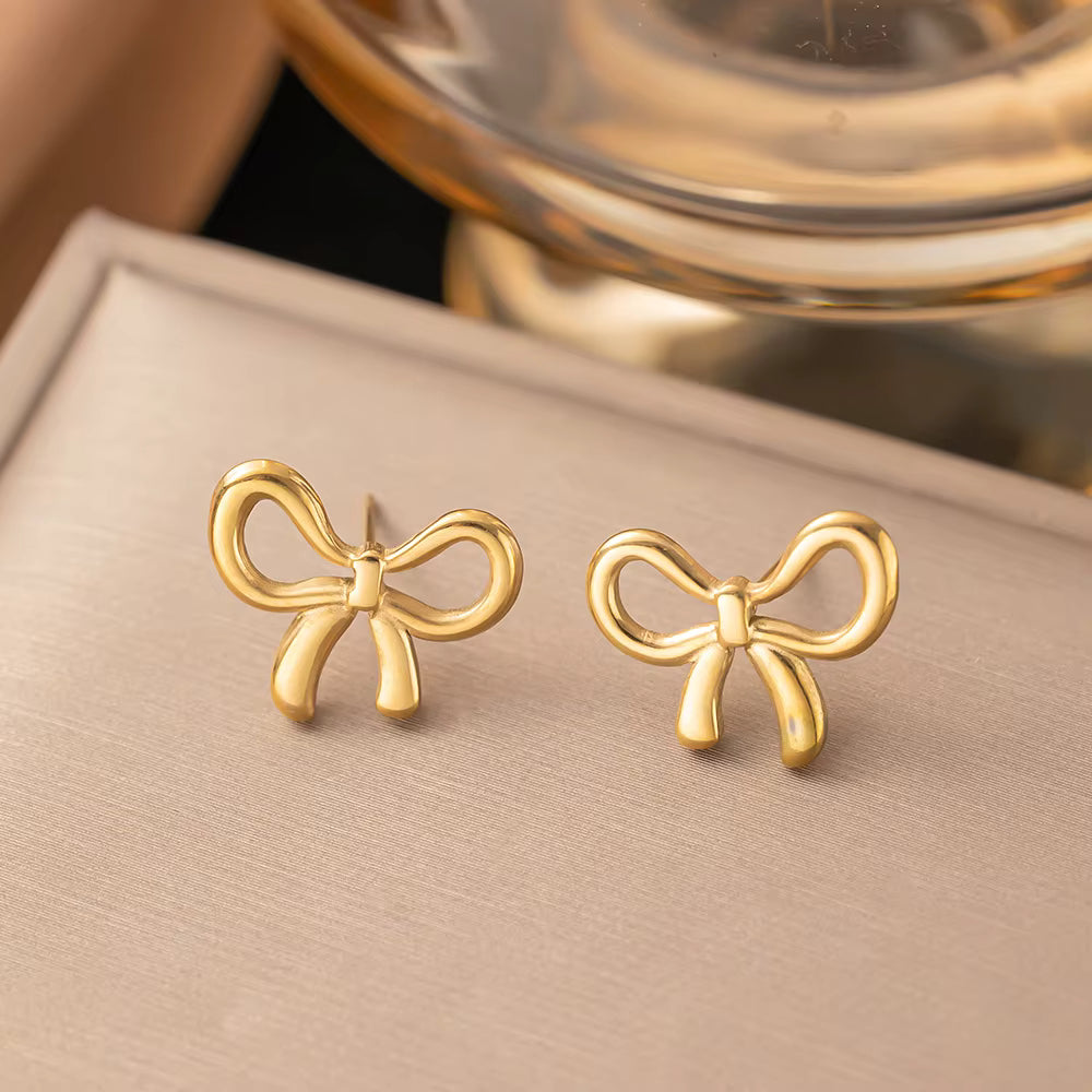Gold-Tone Stainless Steel Bow Stud Earrings for Women – Dainty Ribbon Knot Jewelry
