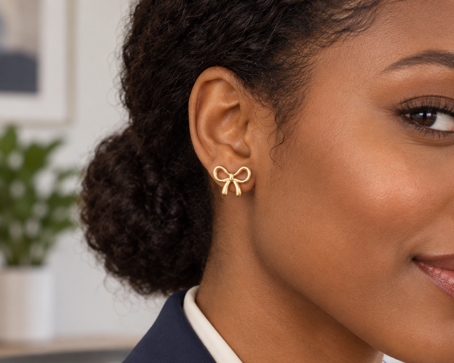 Gold-Tone Stainless Steel Bow Stud Earrings for Women – Dainty Ribbon Knot Jewelry