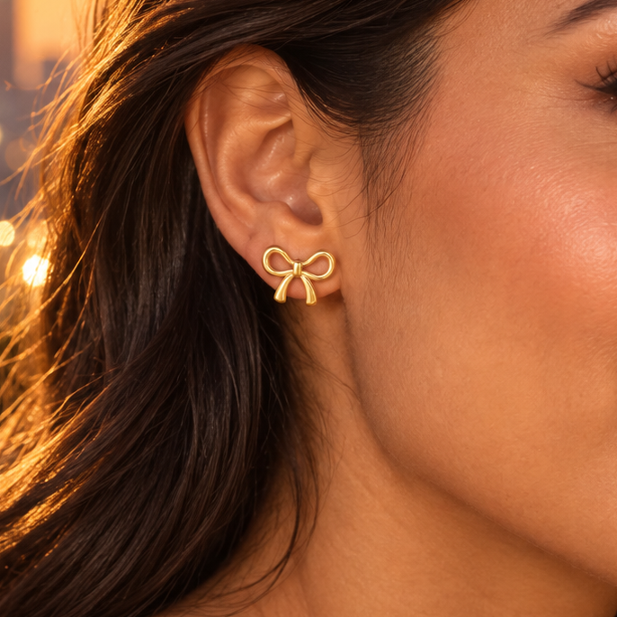 Gold-Tone Stainless Steel Bow Stud Earrings for Women – Dainty Ribbon Knot Jewelry