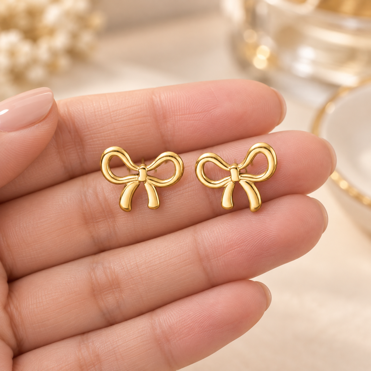 Gold-Tone Stainless Steel Bow Stud Earrings for Women – Dainty Ribbon Knot Jewelry