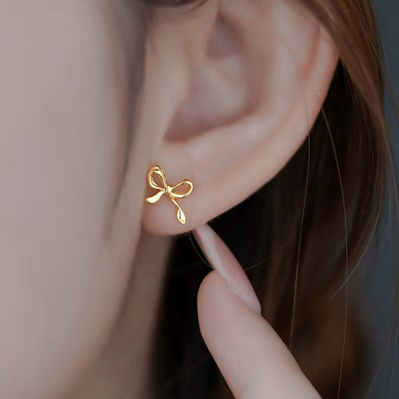 Gold-Tone Bow Stud Earrings for Women – Minimalist Ribbon Knot Jewelry