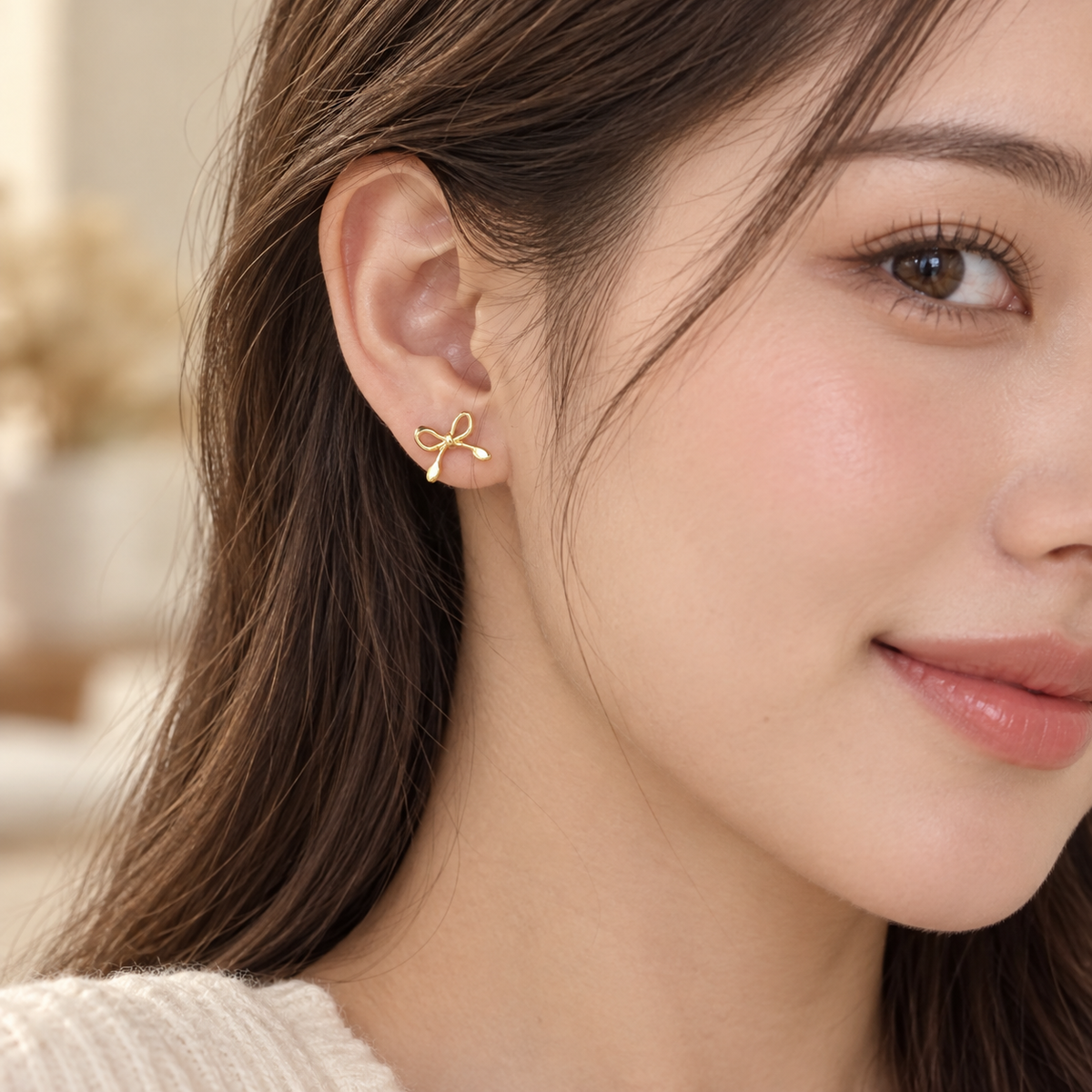 Gold-Tone Bow Stud Earrings for Women – Minimalist Ribbon Knot Jewelry