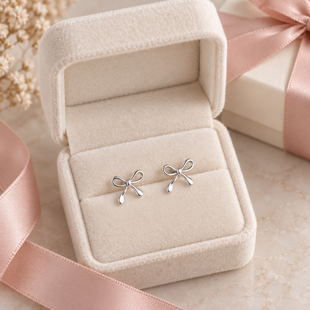 Dainty Silver plated Bow Stud Earrings – Minimalist Ribbon Knot Earrings for Women