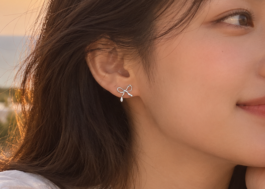 Dainty Silver plated Bow Stud Earrings – Minimalist Ribbon Knot Earrings for Women