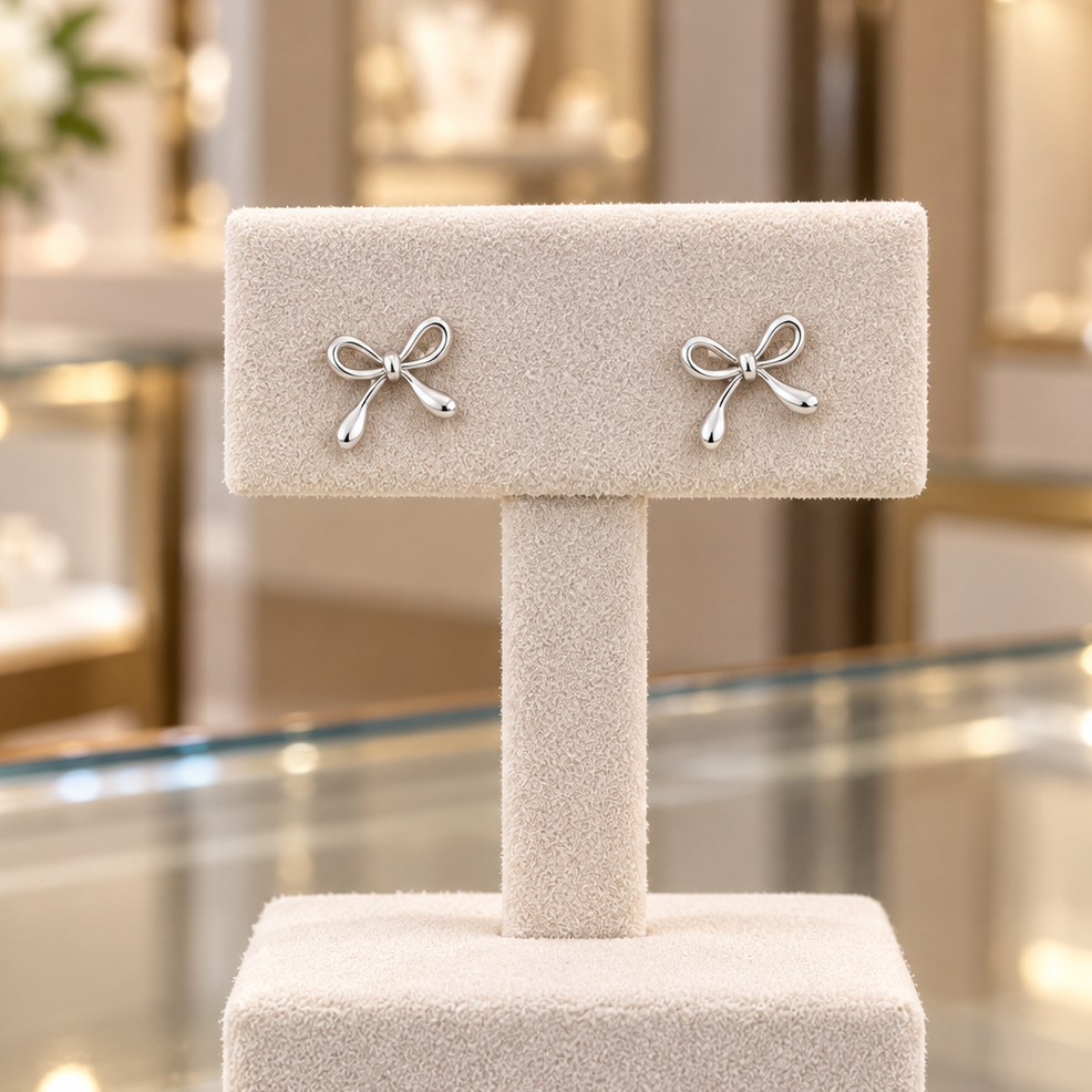 Dainty Silver plated Bow Stud Earrings – Minimalist Ribbon Knot Earrings for Women
