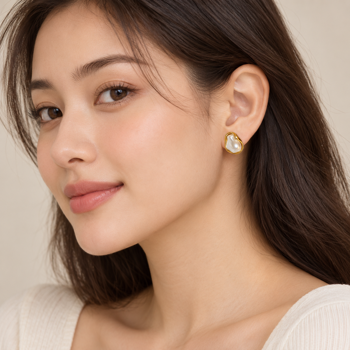 Irregular Pearl-Look Stud Earrings for Women – Gold-Tone Organic Statement Jewelry