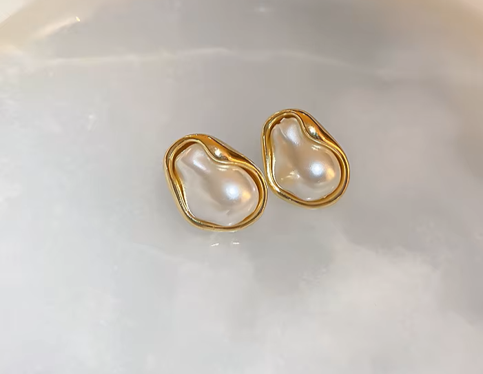 Irregular Pearl-Look Stud Earrings for Women – Gold-Tone Organic Statement Jewelry