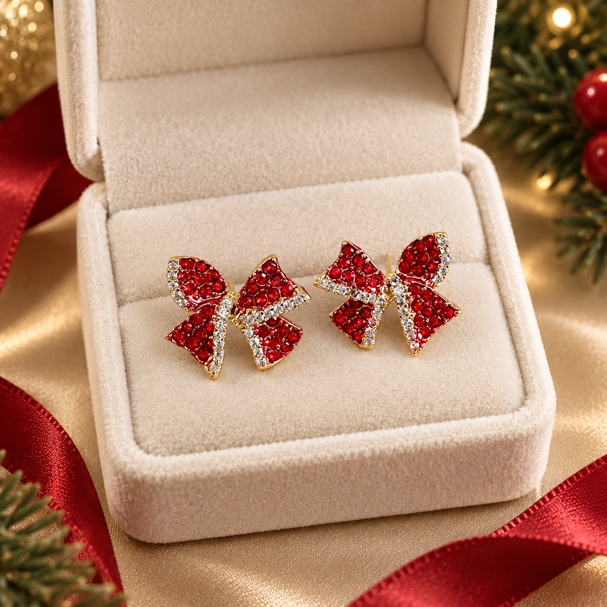 Red Rhinestone Bow Stud Earrings, front view