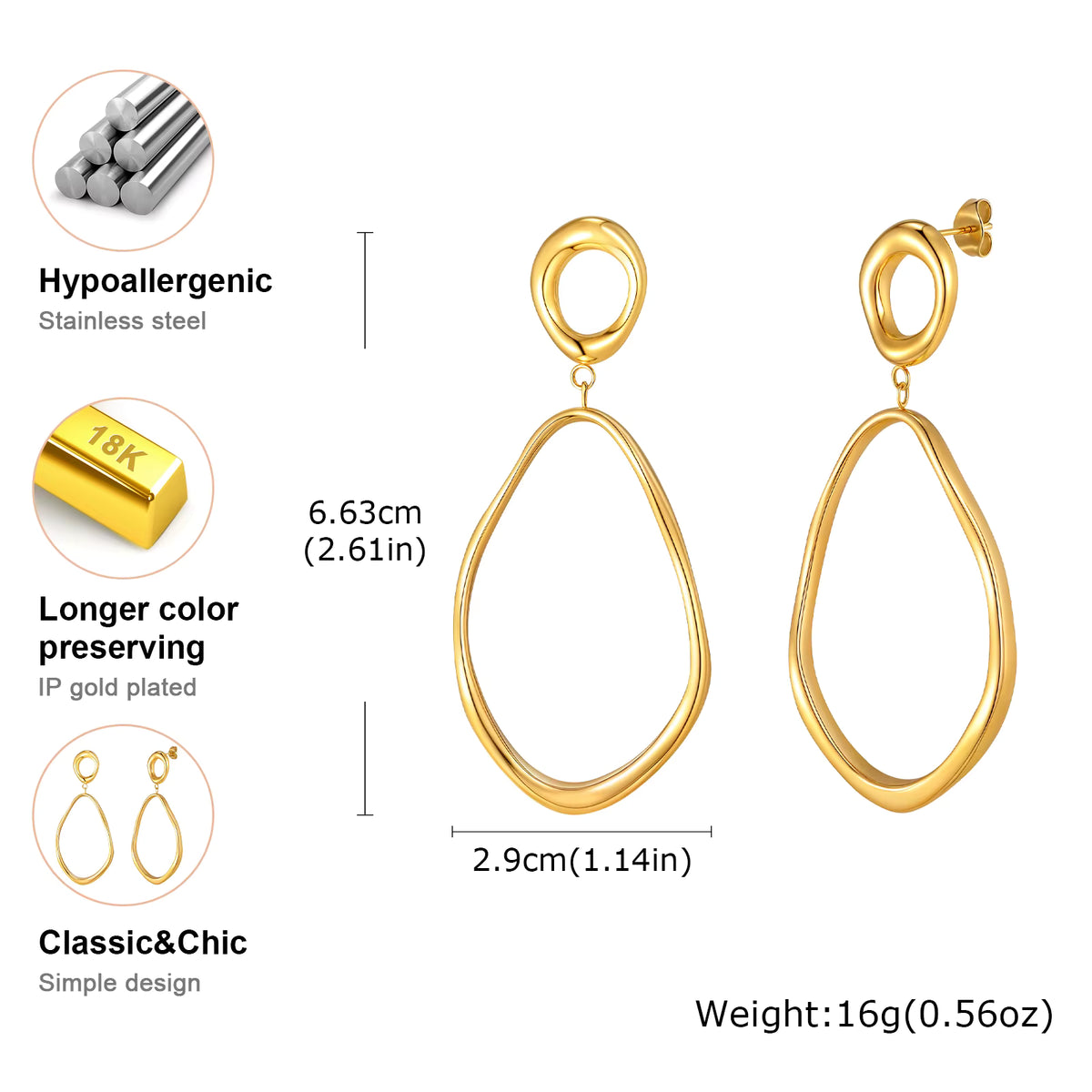18K Gold-Plated Stainless Steel Open Frame Drop Earrings for Women – Minimalist Geometric Jewelry