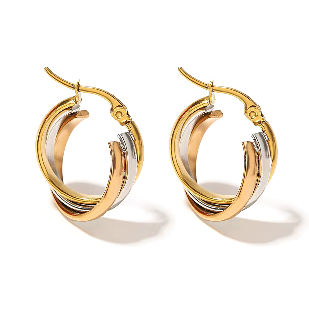 Tri-Tone Stainless Steel Twisted Hoop Earrings for Women – Chunky U-Shaped Jewelry