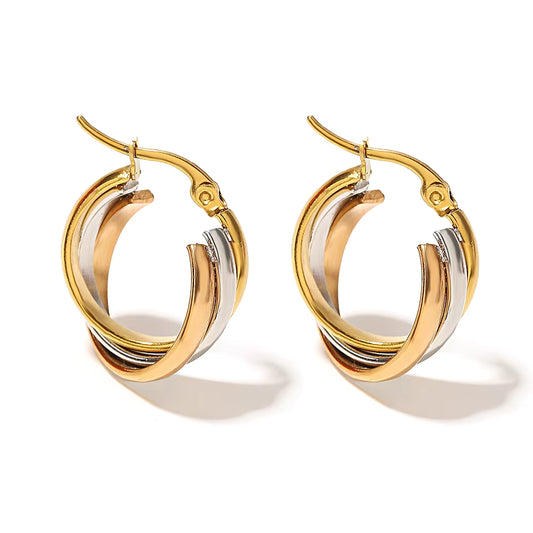Tri-Tone Stainless Steel Twisted Hoop Earrings for Women – Chunky U-Shaped Jewelry