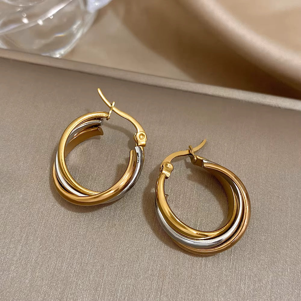 Tri-Tone Stainless Steel Twisted Hoop Earrings for Women – Chunky U-Shaped Jewelry