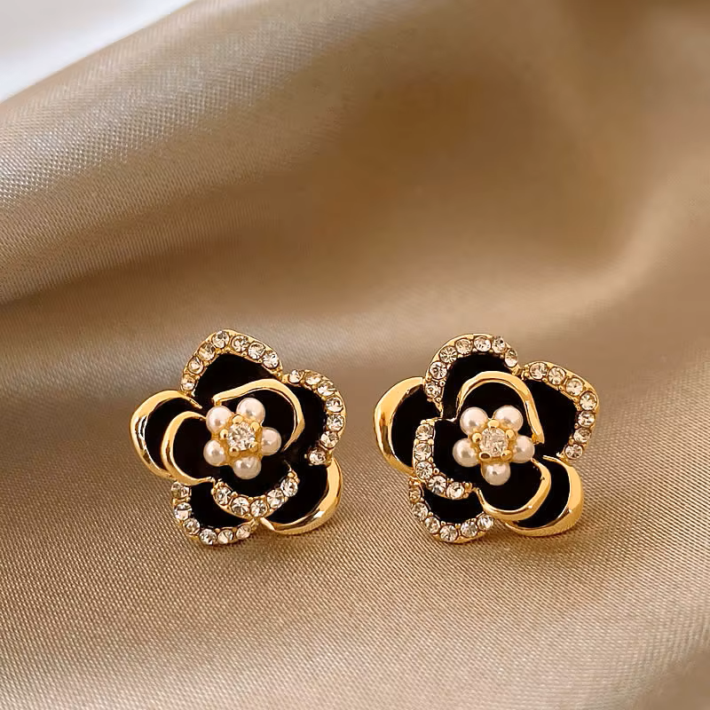 Black & Gold-Tone Flower Earrings with Pearl-Look Accents