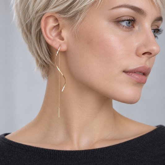 Gold-Tone & Silver Tone Twisted Wave Threader Earrings for Women – Long Chain Dangle Jewelry