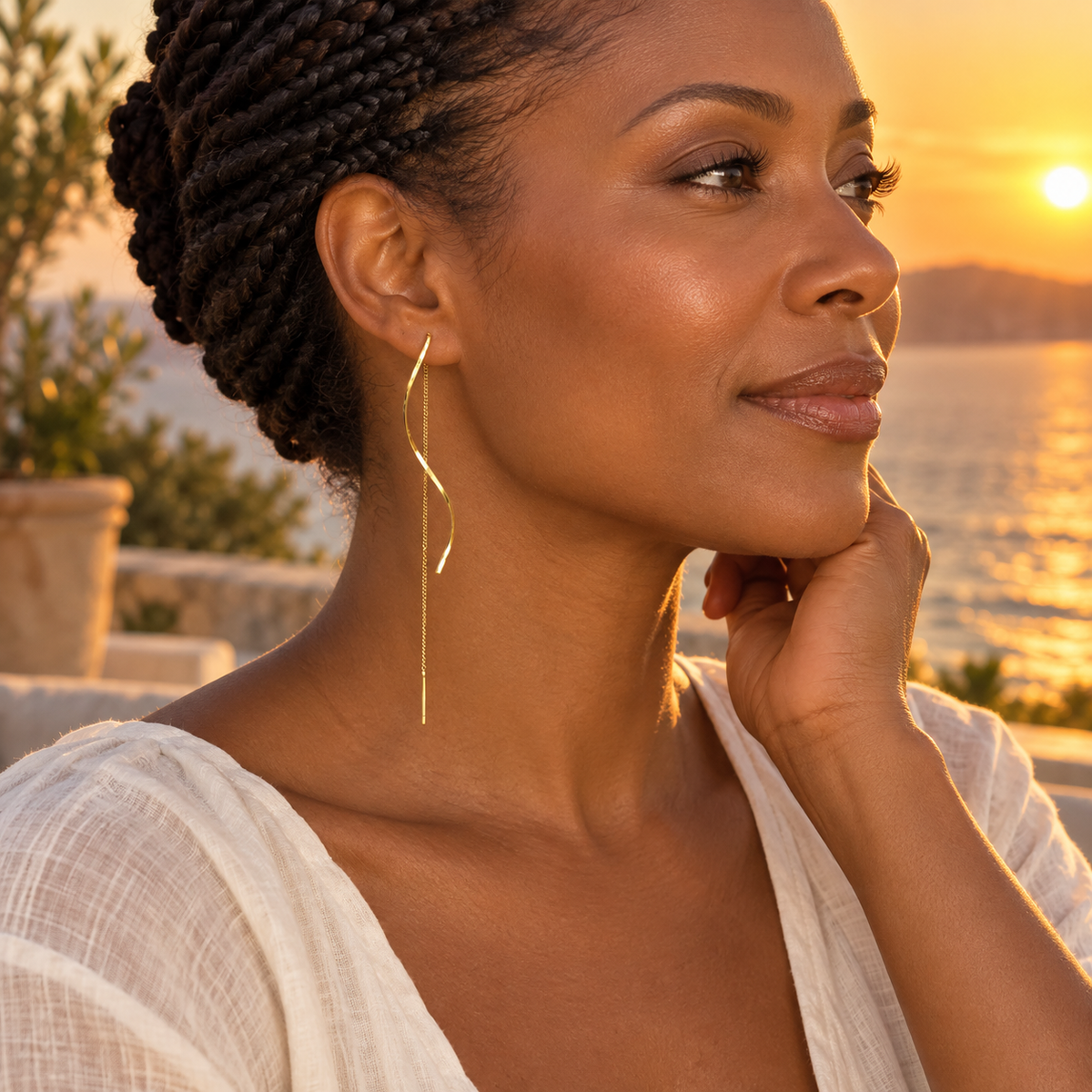 Gold-Tone Twisted Wave Threader Earrings for Women – Long Chain Dangle Jewelry