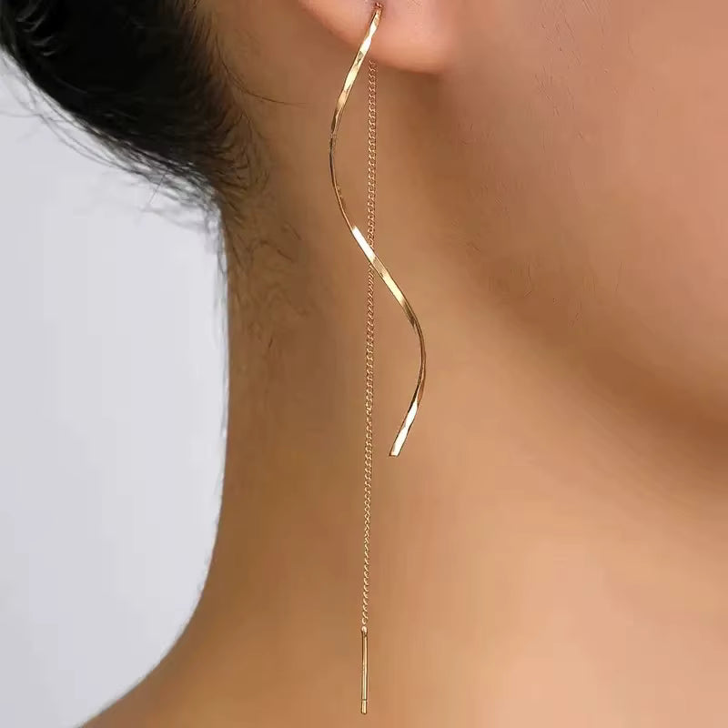 Gold-Tone Twisted Wave Threader Earrings for Women – Long Chain Dangle Jewelry