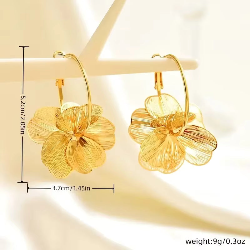 Gold-Tone Stainless Steel Double-Layer Flower Hoop Earrings for Women
