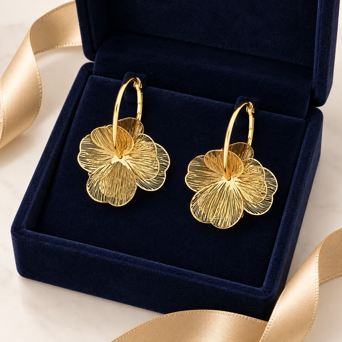 Gold-Tone Stainless Steel Double-Layer Flower Hoop Earrings for Women