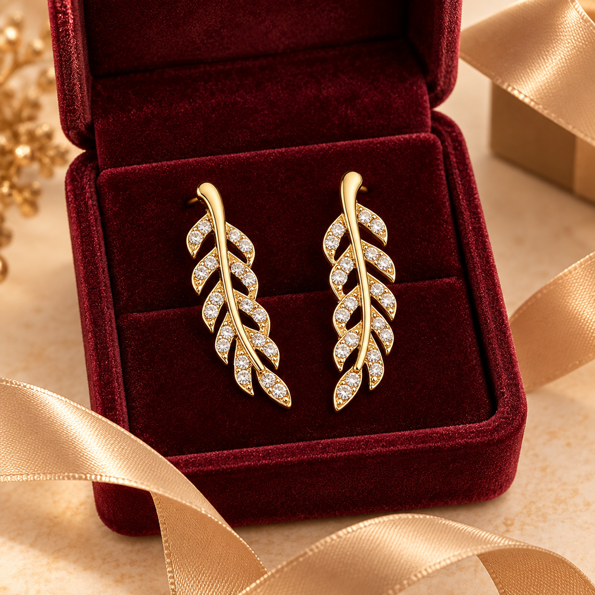 Gold-Tone Clear Rhinestone Leaf Ear Climber Earrings for Women – Branch Stud Jewelry