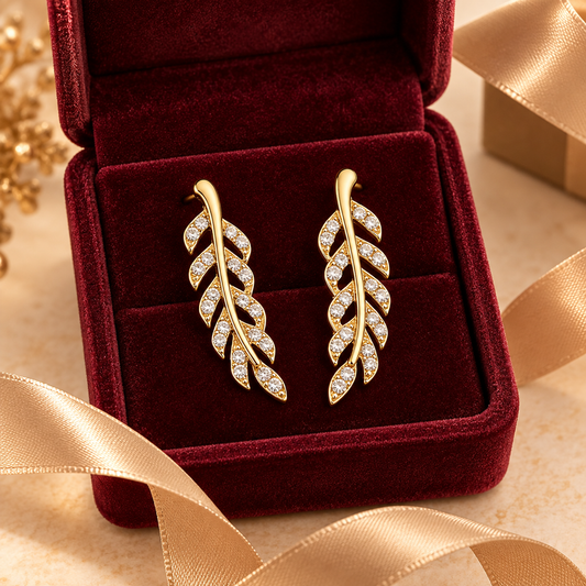 Gold-Tone Clear Rhinestone Leaf Ear Climber Earrings for Women – Branch Stud Jewelry