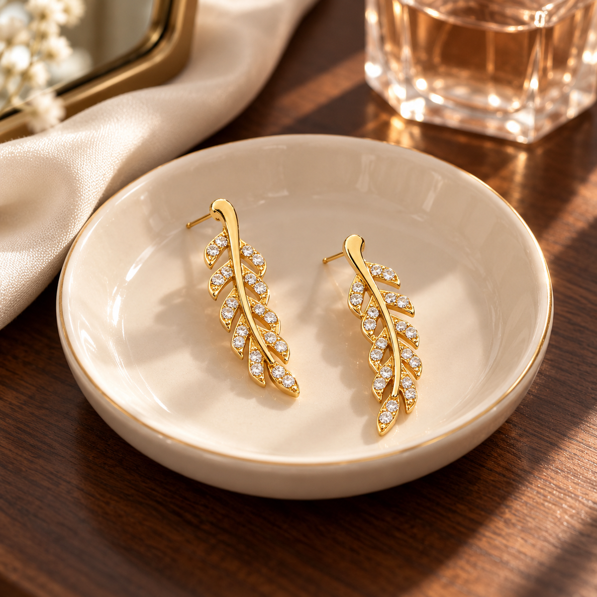 Gold-Tone Clear Rhinestone Leaf Ear Climber Earrings for Women – Branch Stud Jewelry