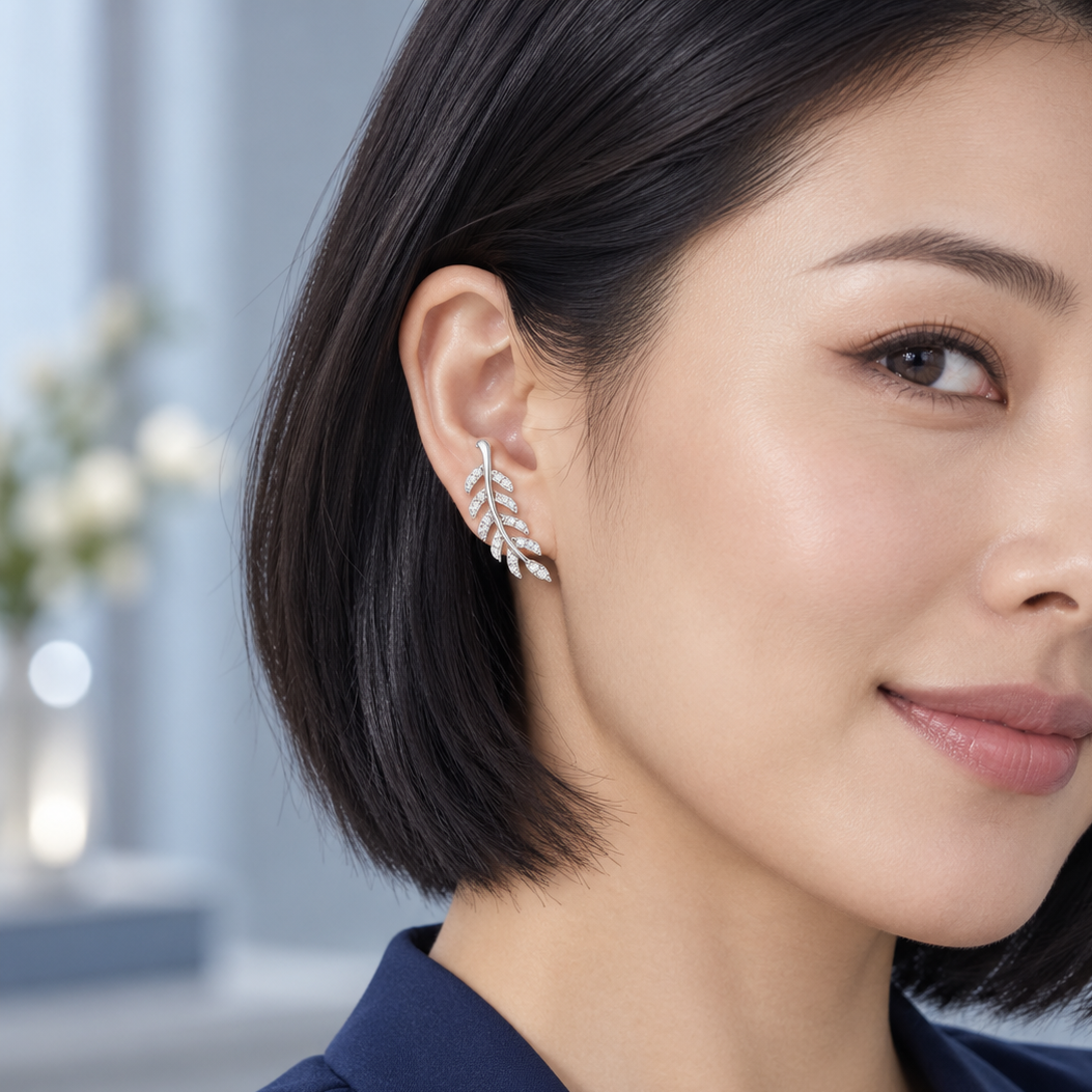 Silver-Tone Clear Rhinestone Leaf Ear Climber Earrings for Women – Branch Stud Jewelry