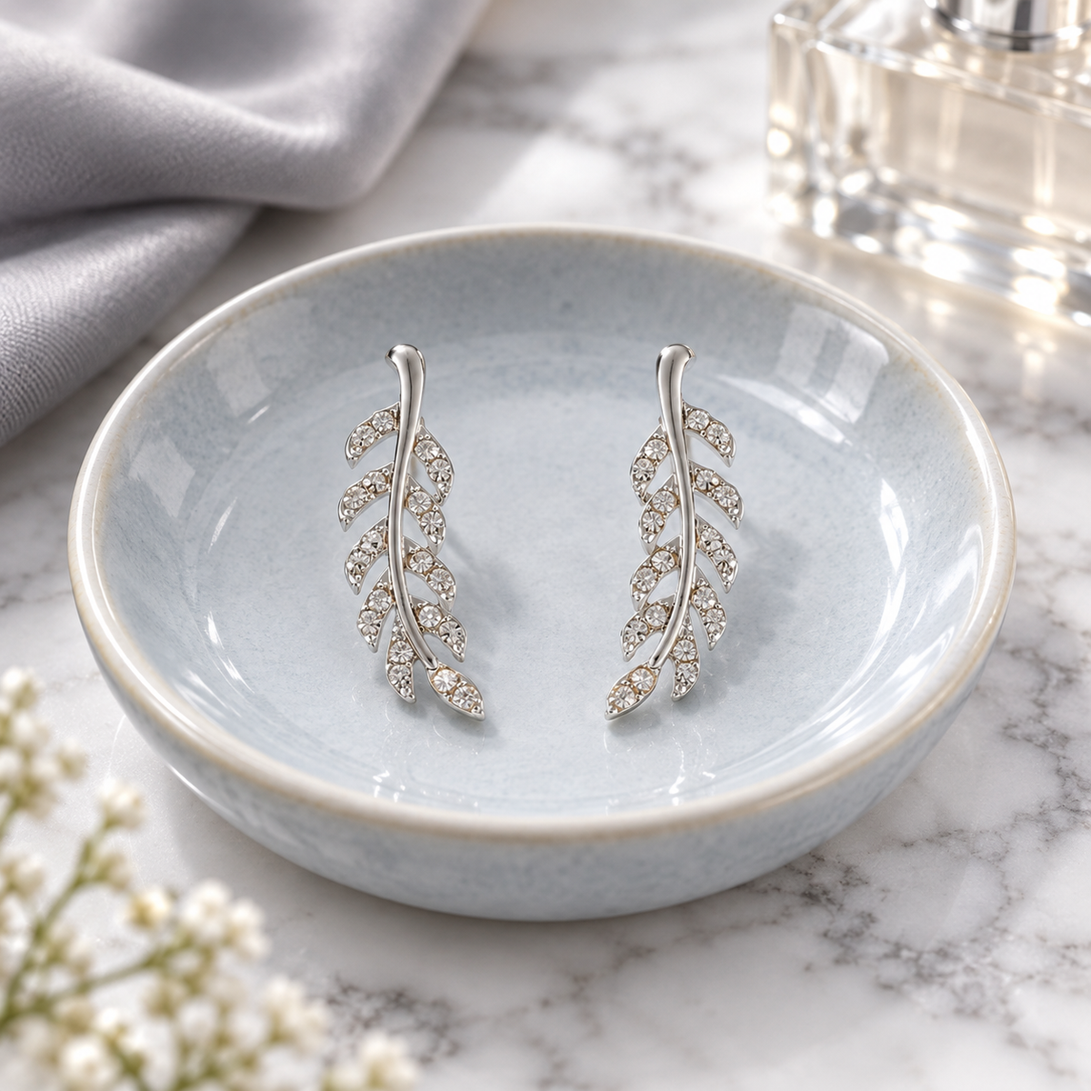 Silver-Tone Clear Rhinestone Leaf Ear Climber Earrings for Women – Branch Stud Jewelry