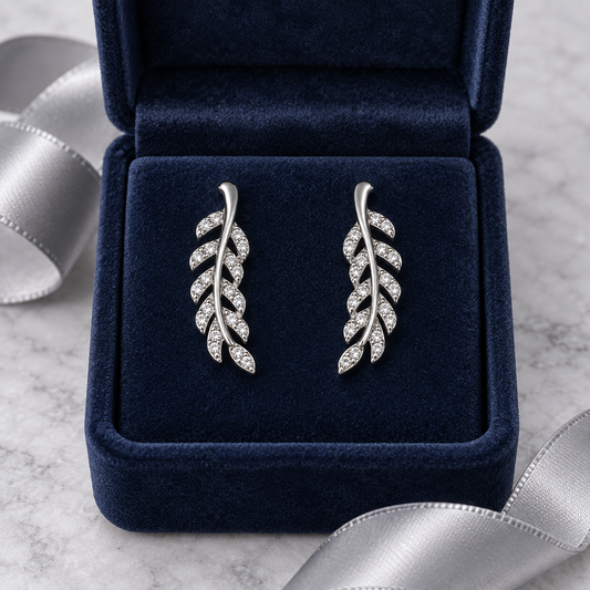Silver-Tone Clear Rhinestone Leaf Ear Climber Earrings for Women – Branch Stud Jewelry