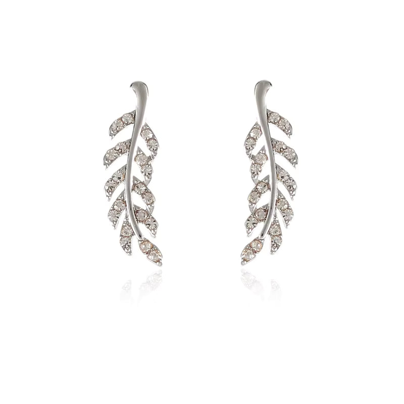 Silver-Tone Clear Rhinestone Leaf Ear Climber Earrings for Women – Branch Stud Jewelry