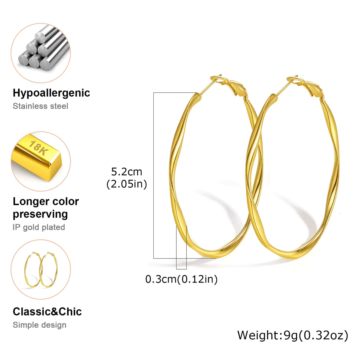 Large 18K Gold-Plated Stainless Steel Twisted Oval Hoop Earrings for Women