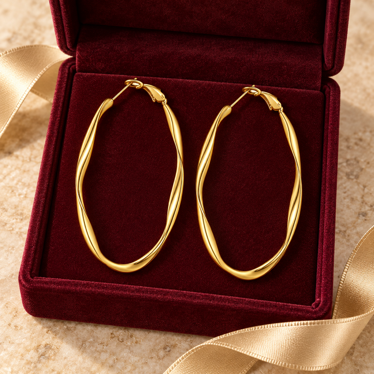 Large 18K Gold-Plated Stainless Steel Twisted Oval Hoop Earrings for Women