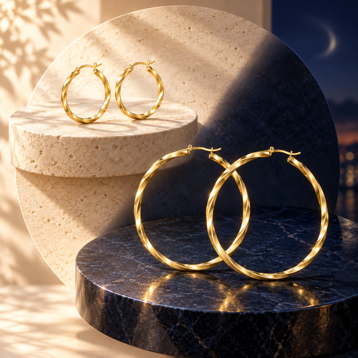 Cazador 18K Gold-Plated Stainless Steel Geometric Hoop Earrings – 28mm & 54mm