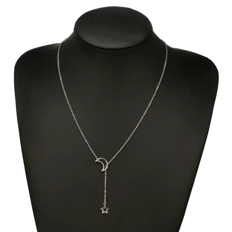 Moon and Star Y Necklace for Women, Dainty Crescent Moon Lariat Necklace, Gold or Silver Tone Celestial Jewelry Gift