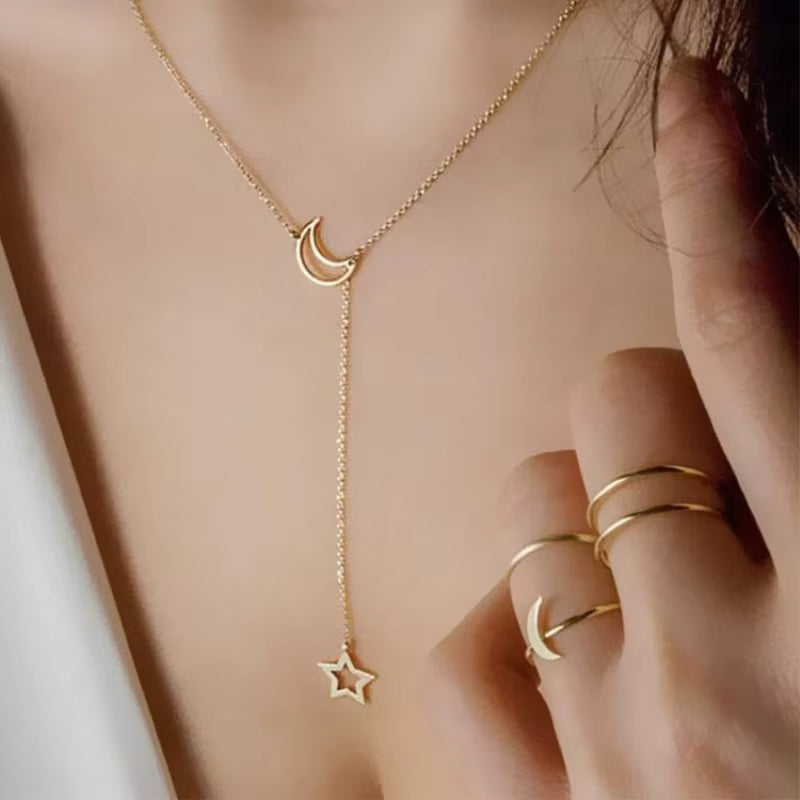 Moon and Star Y Necklace for Women, Dainty Crescent Moon Lariat Necklace, Gold or Silver Tone Celestial Jewelry Gift