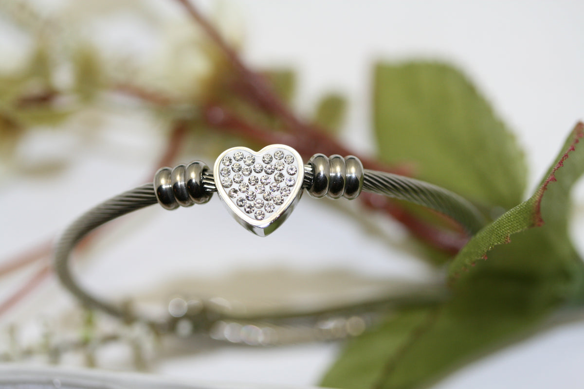 Stainless Steel Rhinestone Heart Cable Bangle Bracelet